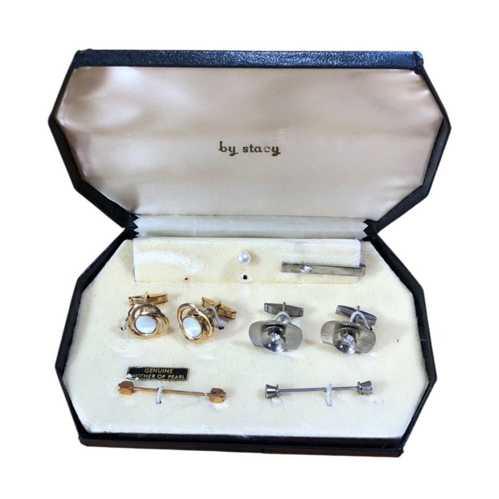 Vintage Stacy Cufflinks Tie Clips Set Mother Of Pearl Rhinestone Details Mens